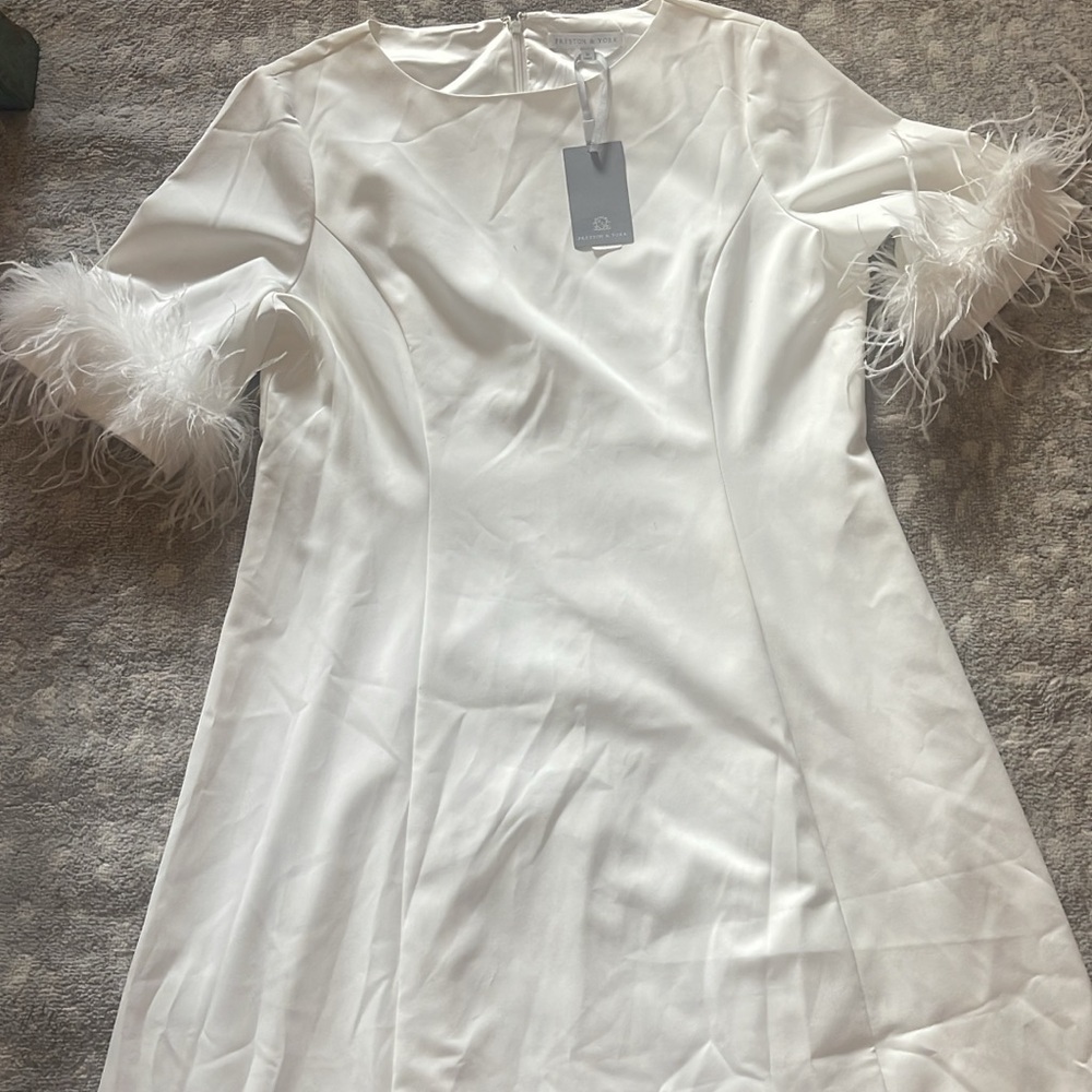 Elegant White Feather-Trimmed Dress